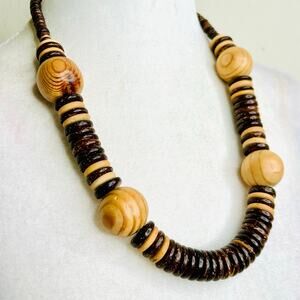 Two Tone Brown Large Wooden Beaded Statement Necklace